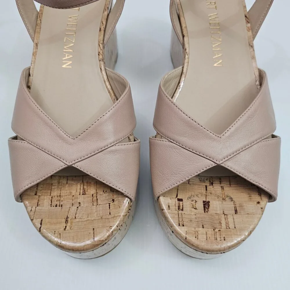 Stuart Weitzman Carmen Midi Wedge Sandal Womens 9.5 Beige Tan Platform Cork